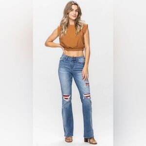 Judy Blue Mid Rise Plaid Patch Detail Boot Cut Denim Jeans Size 9/29 Stretch Y2K